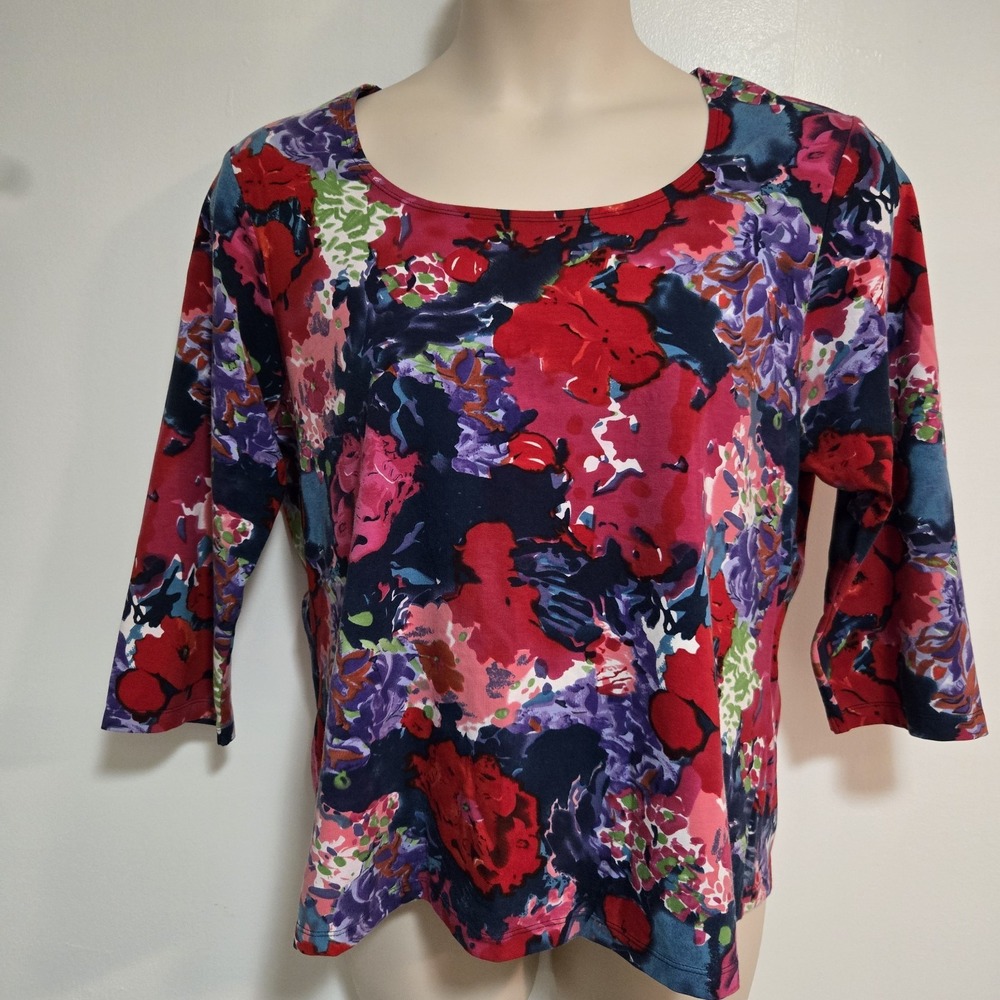 Coldwater Creek Plus Size 1X Multicolor Floral 3/4 Sleeve Top Scoop Neck Casual